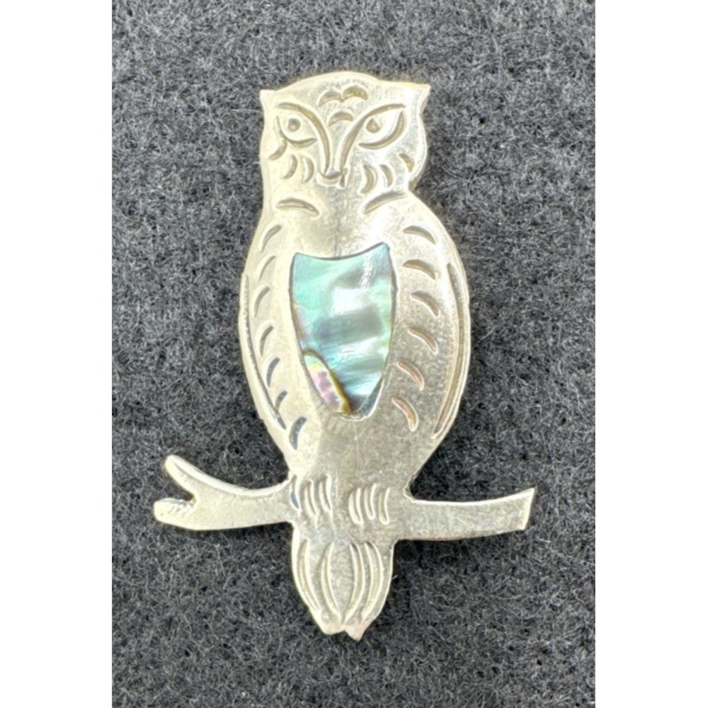Vintage Signed Alpaca Mexico Owl Brooch Pin Abalone Inlay Nickel Silver 1.5"